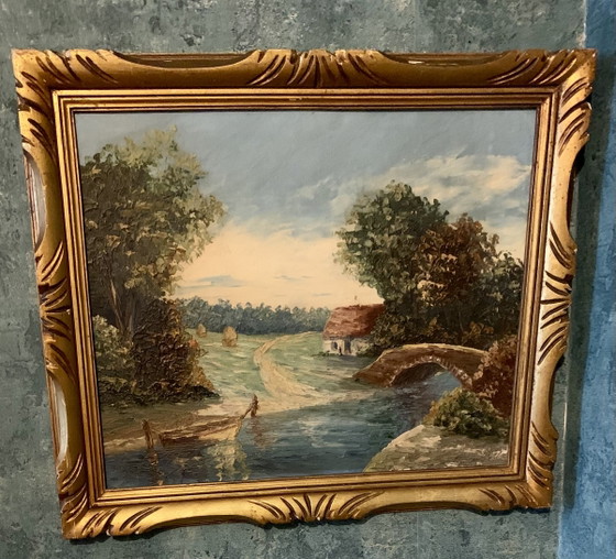 Old French School Oil Painting – River Landscape – Signed – Art Deco Frame 60 x 51 cm – Paintings & Drawings (photo 10 of 14)