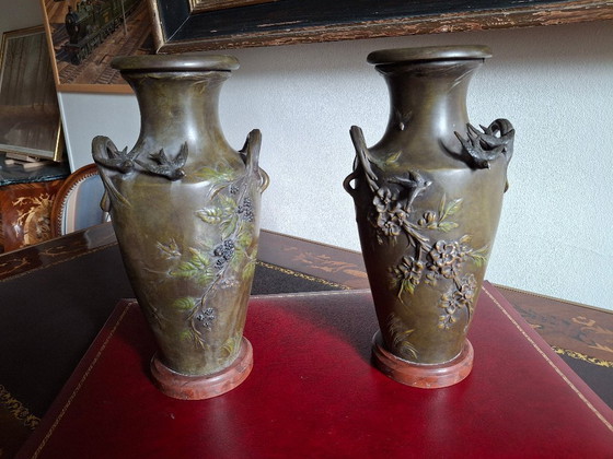 Image 1 of Pair of Art Nouveau spelter vases with triple patina, signed Louis and François Moreau