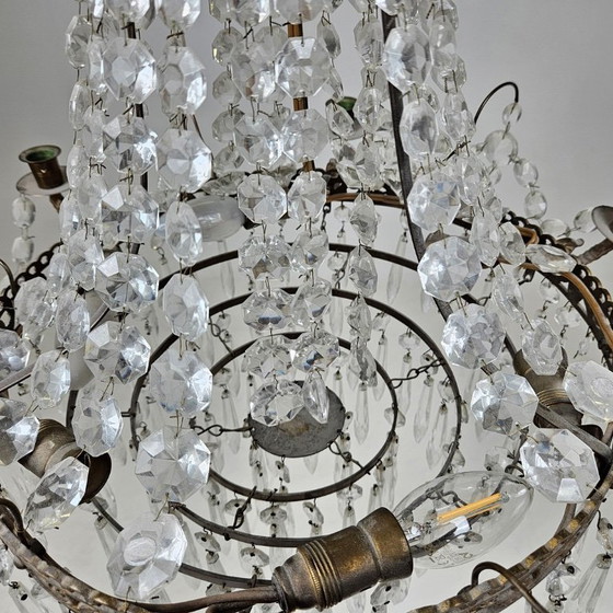 Image 1 of Empire-Style Brass Chandelier — Prism Décor — 7-Light Statement Piece — 20th Century