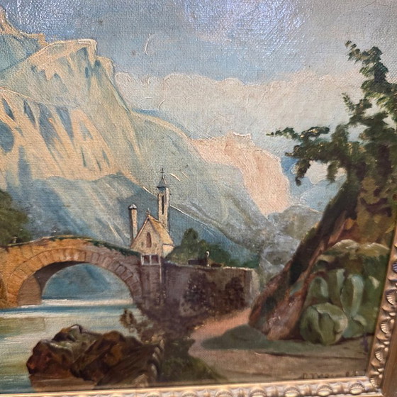 Image 1 of Antique oil painting with an Alpine village, late 19th century