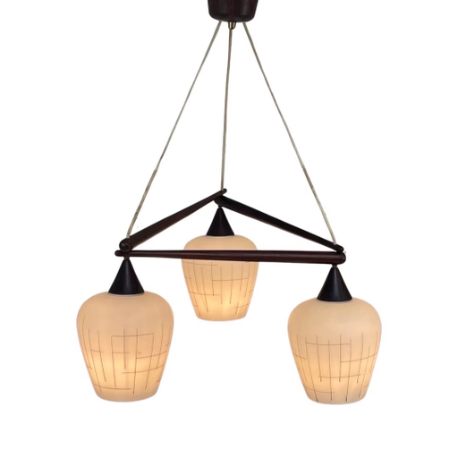 Lampadario a sospensione/cascata MCM vintage anni '50 - Vetro satinato su struttura in teak e rosone coordinato