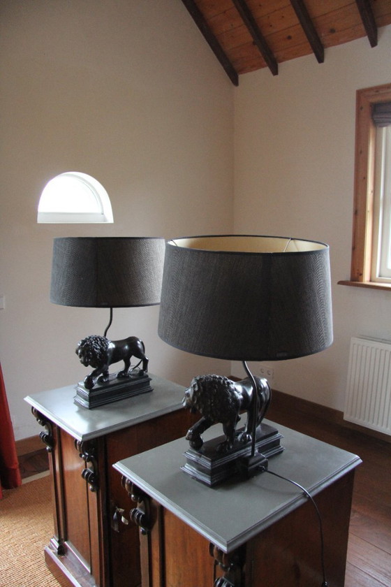 Image 1 of 2 bijzondere vintage tinkleurige tafellampen met leeuwen voet 