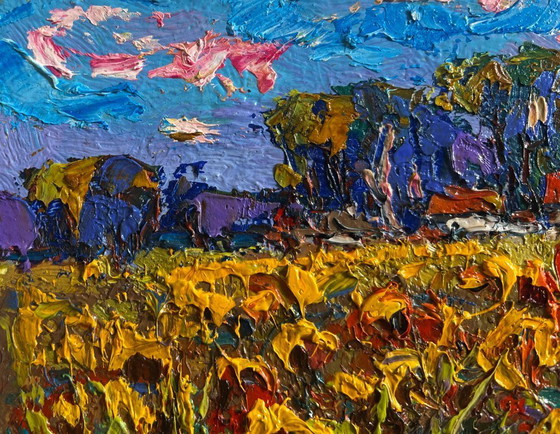 Image 1 of Original Oil Painting Day Flowers Landscape Sunflower field in the village