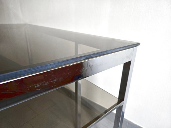 Image 1 of Scrivania vintage anni '70 in acciaio cromato e vetro fumé, Saint-Gobain, anni '70