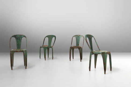 Image 1 of Set of 4 Vintage Green Model A Chairs from Tolix, France, 1950s