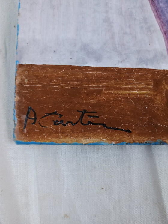 Image 1 of Signed Italian Faience Wall Tile by Aconte, Hand Painted Floral Still Life, Made in Italy Vintage Ceramic Art