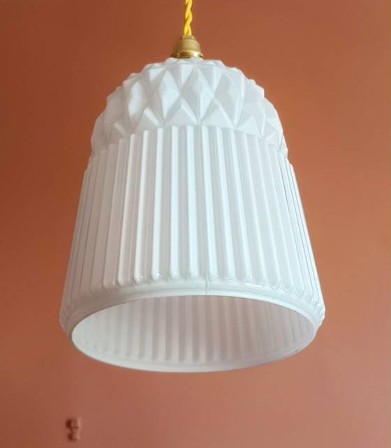 Image 1 of 2x vintage white glass pendant lights