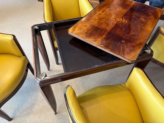 Image 1 of Magnifique ensemble de salon Art Déco composé de 4 fauteuils en cuir et d'une table de jeu en acajou, 1920-1930