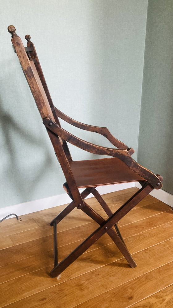 * Antieke Engelse militaire campagnestoel / safaristoel – Hout & tuigleer – ca. 1900 – Klapstoelen, Wood (photo 3 of 7)
