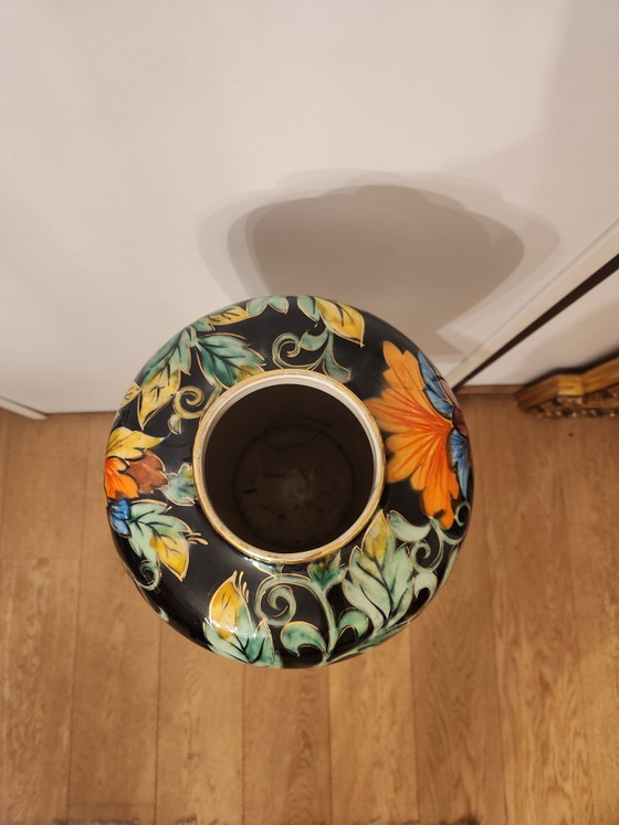 Image 1 of Large Vintage Art Deco Style Vase - Hubert Bequet - Black with Hand-Painted