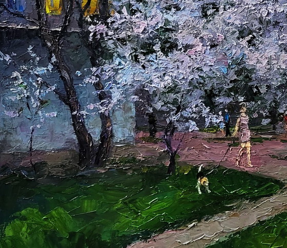 Original Oil Painting Spring City Motif Evening Courtyard in the City – Paintings & Drawings, Canvas (photo 5 of 8)