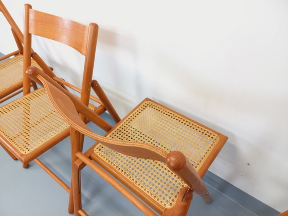 Image 1 of Set of 4 vintage Habitat folding chairs in beech wood and caning from the 1980s