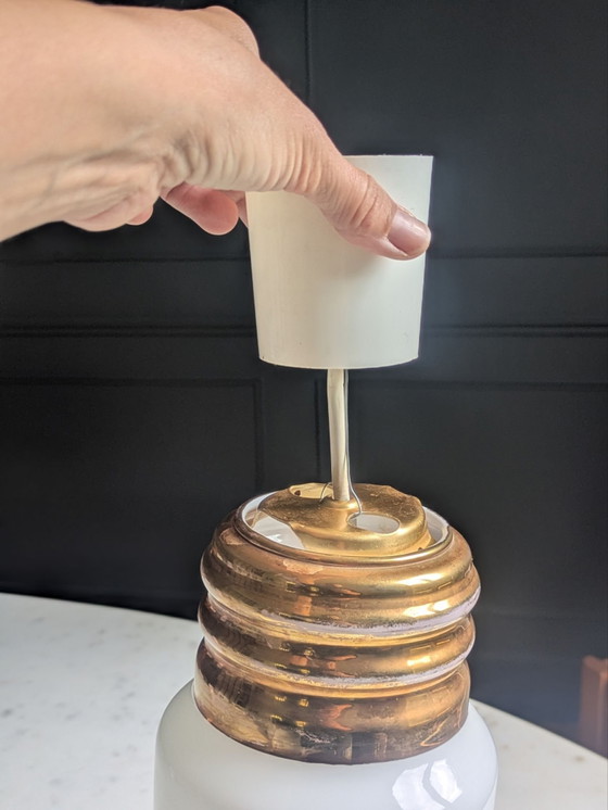 Vintage Pendant lamp Giant Bulb dlg by Ingo Maurer. Opaline, Glass, Brass, Gold (photo 13 of 15)
