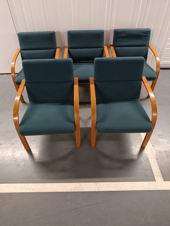 5 Vintage Deense Loungestoelen Groen, Wollen, Gebogen Hout, Retro Uit De Jaren 80. – Eetkamerstoelen, Wool (photo 2 of 9)