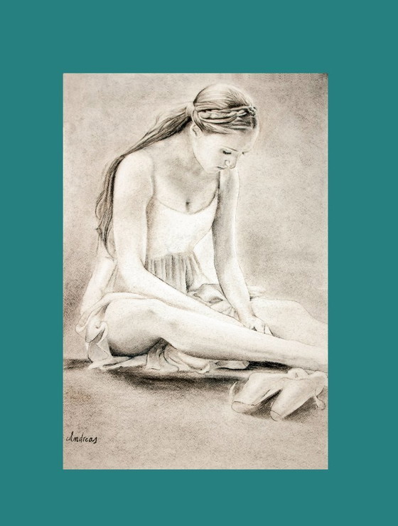 Image 1 of Charcoal drawing of a seated ballerina. Painting of a ballerina. New.