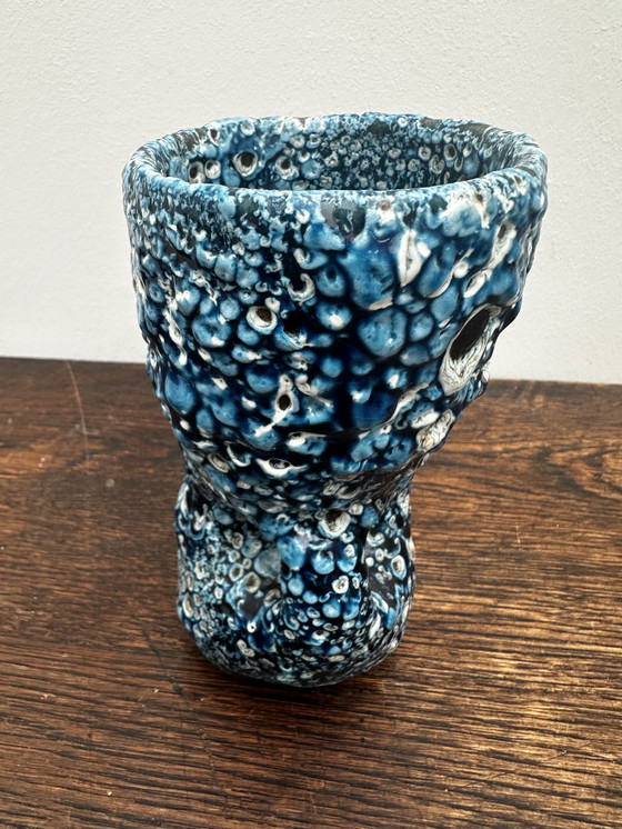 Image 1 of Small Vintage Fat Lava Blue Ceramic Vase