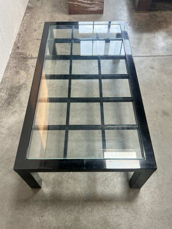 Image 1 of Tavolino da caffè vintage nero lucido con piano in vetro, stile giapponese, anni '80
