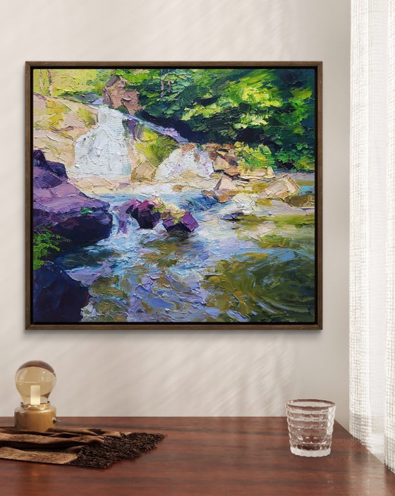Image 1 of Original Oil Painting Natural Landscape Mountains Waterfall in Nature