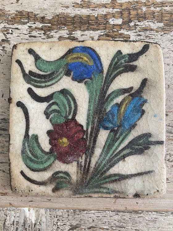 Image 1 of Persian Tiles Qajar Dynasty Floral Motif 10 Pieces