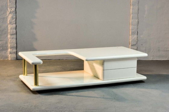 Image 1 of White High Gloss Lacquered Free Form Mid-Century Italian Design Coffee Table with Brass Accents.