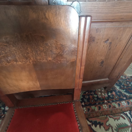 Unique Set of 4 Curated Art Deco Chairs – Top Quality Bookmatch Burr Walnut – Dining chairs, Velvet, Metal (photo 9 of 9)