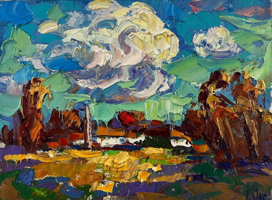 Image 1 of Original Oil Painting Autumn Village Landscape Peace of the sky over the quiet earth