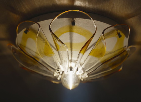 Image 1 of 1970s Amber Glass Petal Ceiling Light, Murano Style Flush Mount, Vintage Hand-Blown Mid Century MCM Lamp