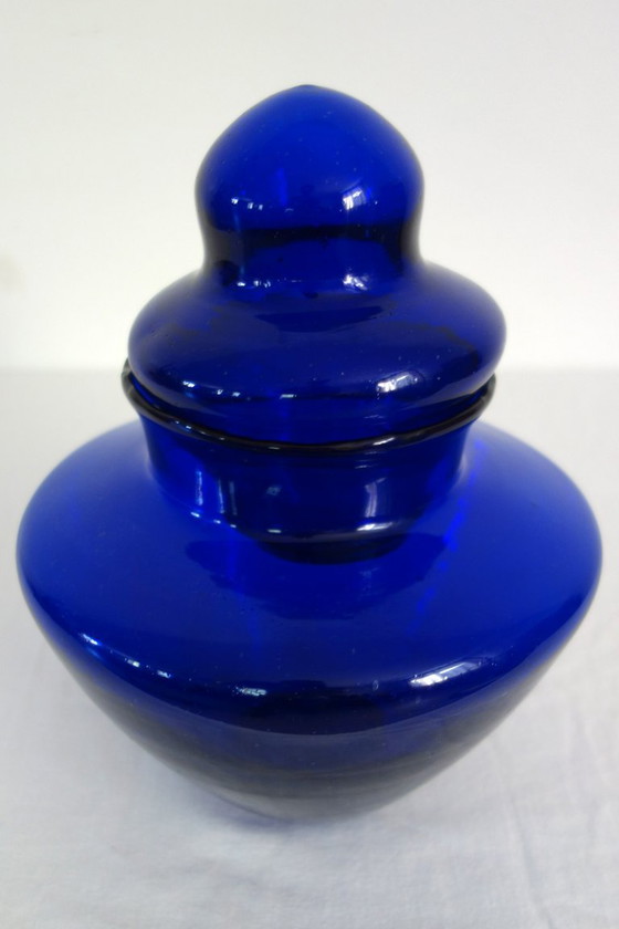 Image 1 of Grande bonbonnière en verre bleu cobalt bulles vintage