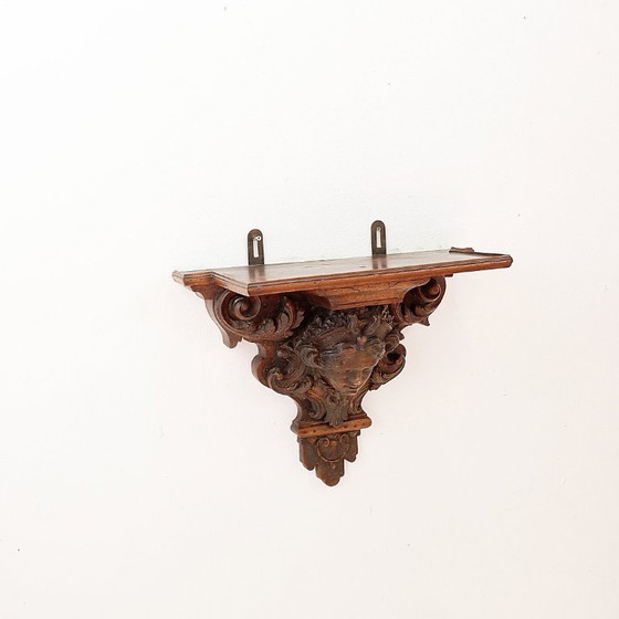 Image 1 of Estantería de pared antigua de madera tallada a mano - siglo XIX
