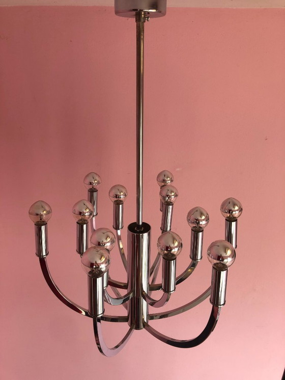 Image 1 of Suspension vintage chromée, 12 points lumineux.