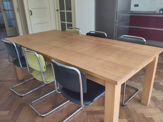 Image 1 of Set van 6 Dutch Originals Gispen Buisframe Eetkamerstoelen (zwart, groen, grijs/blauw)