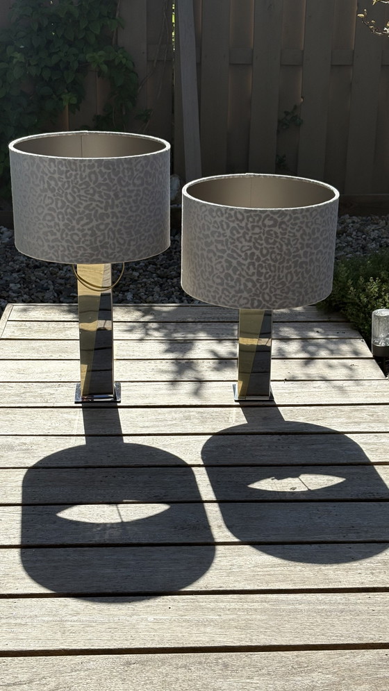 Image 1 of 2 x Paul Evans Skyscraper Style Set Table Lamps with Chrome and Gold Mirrors and Gray Panther Print