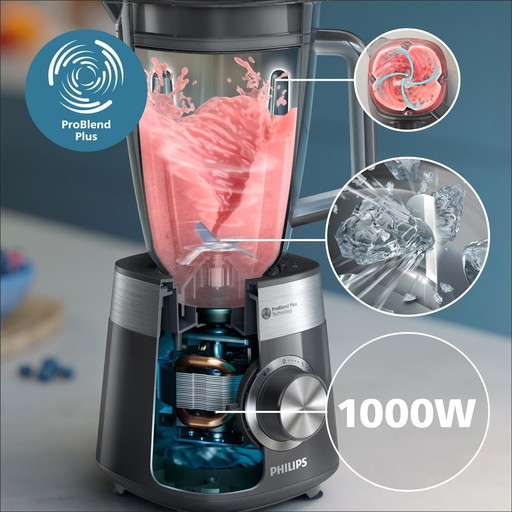 Philips Blender Séries 5000 - Moteur 1000W, Technologie ProBlend Plus, Pièces résistantes au lave-vaisselle, Capacité de 2 litre