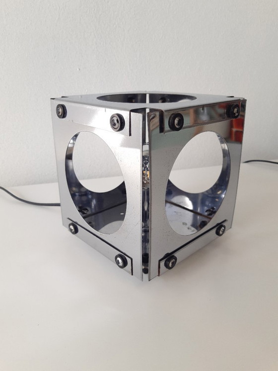 Image 1 of Set of 2 chrome 70s cube table lamps by Goffredo Reggiani, set of space age table lamps