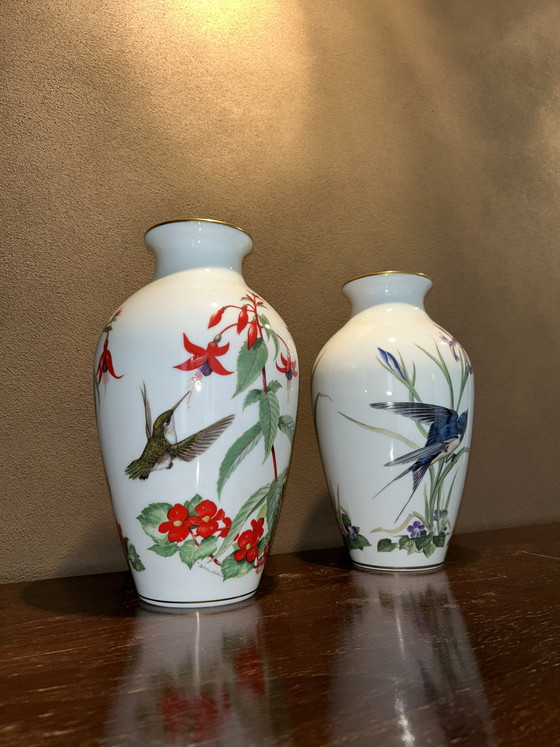 Image 1 of Franklin Porcelain The Garden Bird Vase & The Meadowland Bird Vase 