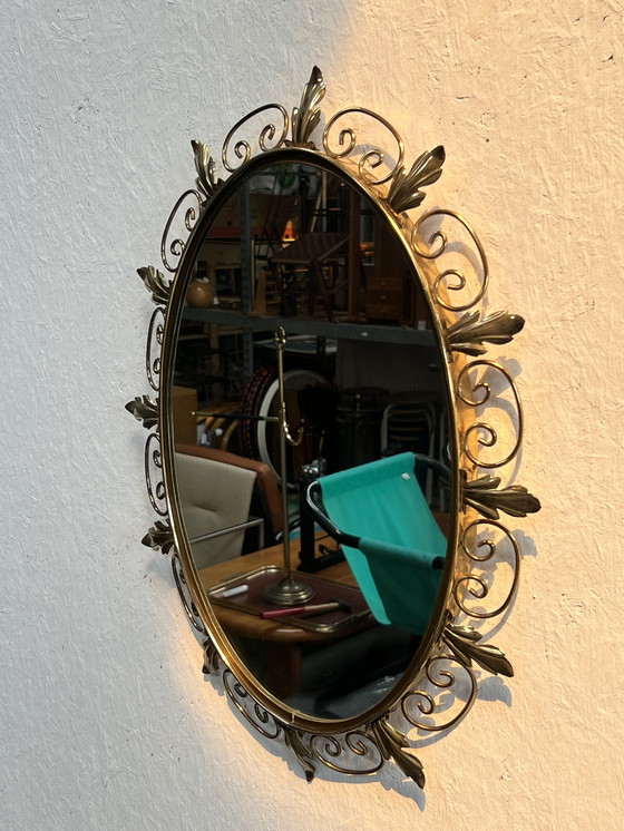 Image 1 of Vintage Oval Brass Mirror, Ornate Decor, Deknudt Belgium, 1970's