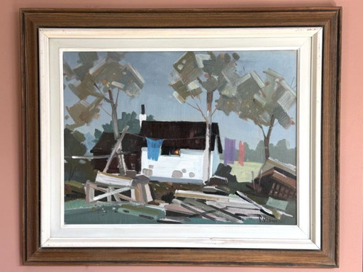 Peinture naïve moderniste « Jour de lessive », huile sur panneau d'Eskil Skans