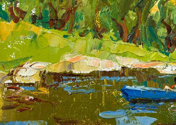Image 1 of Peinture à l'huile originale représentant un paysage côtier d'été avec des saules au bord d'un étang