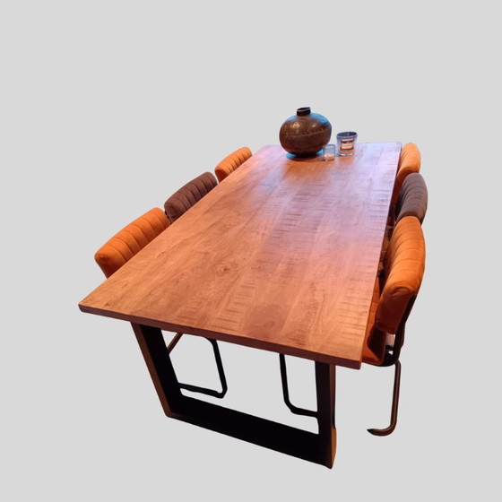 Image 1 of Set da pranzo industriale con tavolo in legno di teak e 6 sedie in velluto
