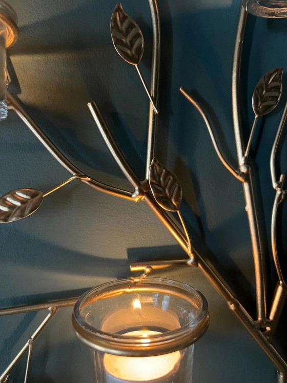 Gold Painted Metal Lantern Grid with Leafy Vines, Rectangular Balcony Decor – Candle holders, Glass (photo 8 of 9)
