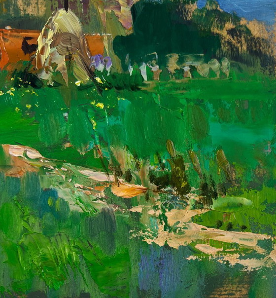 Image 1 of Original Oil Painting Summer Village Landscape Rural idyll with huts and cattle