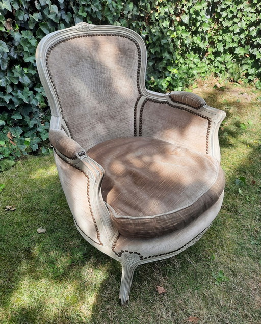 Antieke fauteuil hout & stof in zeer goede staat 