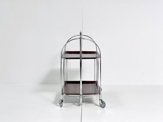 Desserte Bremshey Dinett, pliable, chrome et aspect bois foncé, Mid-Century, Argenté, Vintage (photo 2 sur 15)