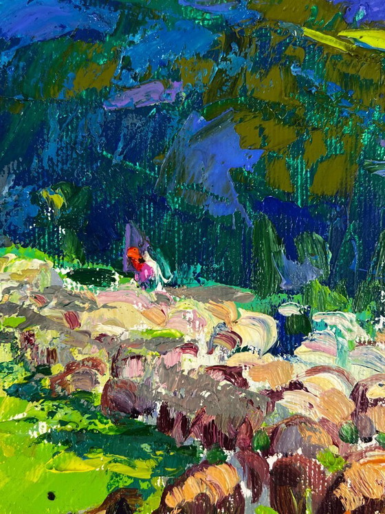 Image 1 of Peinture à l'huile originale représentant un paysage naturel de prairies au pied des montagnes