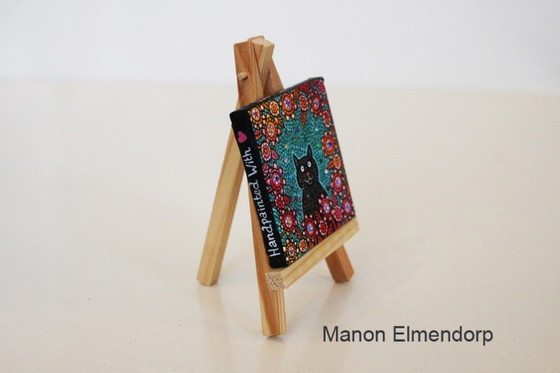 Image 1 of Unique Hand-Painted Small Painting including Little Donkey and Black Cat