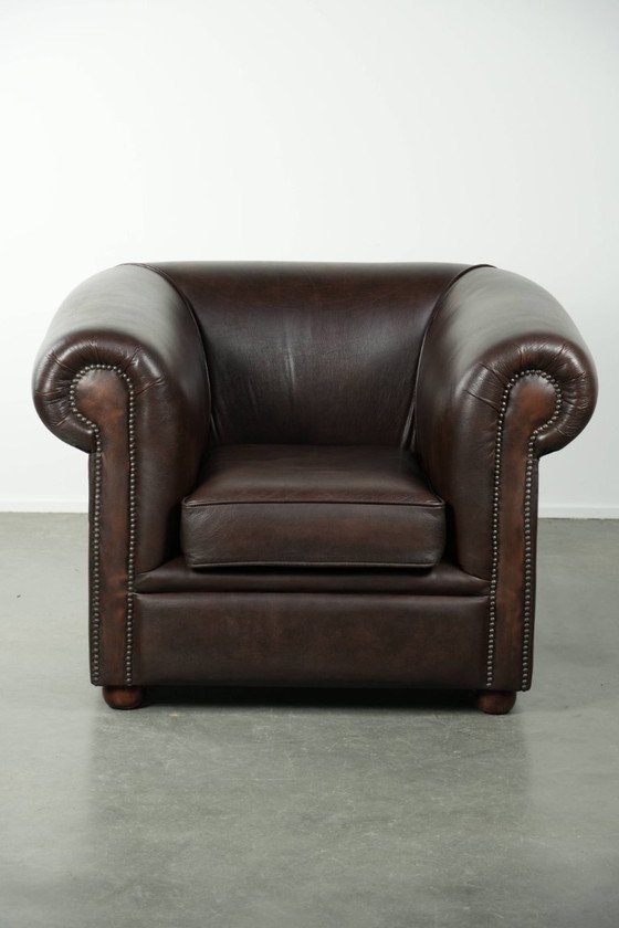 Image 1 of Conjunto de lujo de piel de vacuno marrón compuesto por un sofá Chesterfield liso y un sillón.