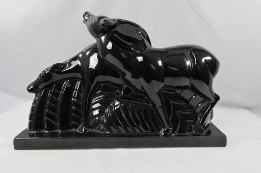 Pair of antelopes, LEMANCEAU, black ceramic