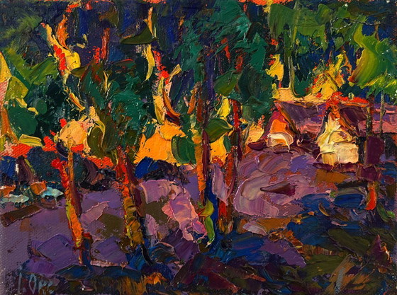 Original Oil Painting Evening Village Landscape Orange Sunset behind the Trees – Paintings & Drawings, Canvas (photo 3 of 8)