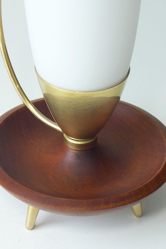 Image 1 of Vintage Philips tripod table lamp, 1960s, brass, teak, opal glass, Rocket Lamp