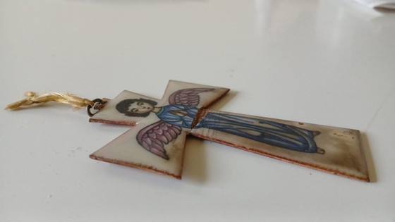 Image 1 of Crucifix Cross Copper Enamel Vintage Cradle Cross Angel